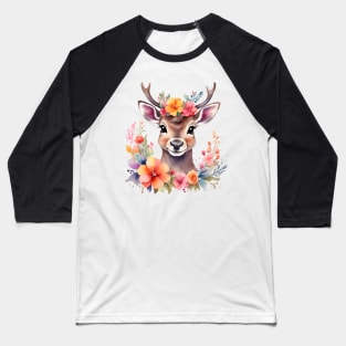 A baby deer decorated with beautiful watercolor flowers Baseball T-Shirt